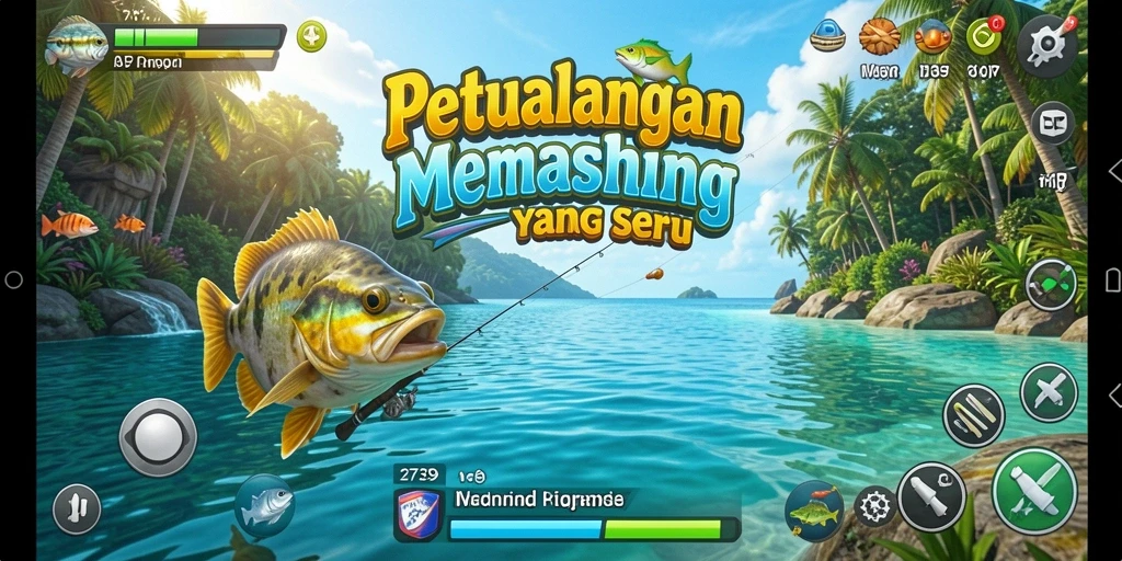 Screenshot gameplay 2739 menampilkan aksi seru memancing ikan di danau yang indah.