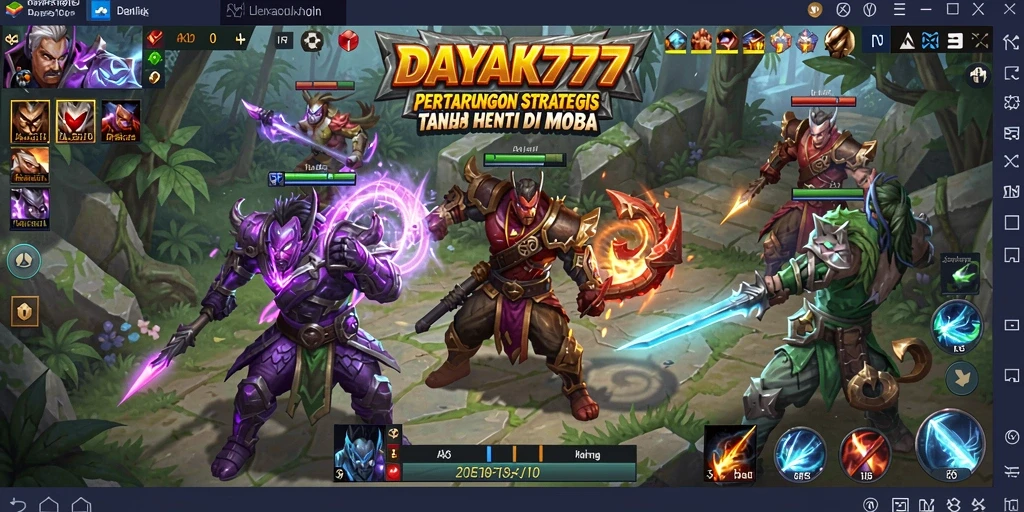 Tangkapan layar gameplay DAYAK777 yang menunjukkan aksi seru pertempuran MOBA.
