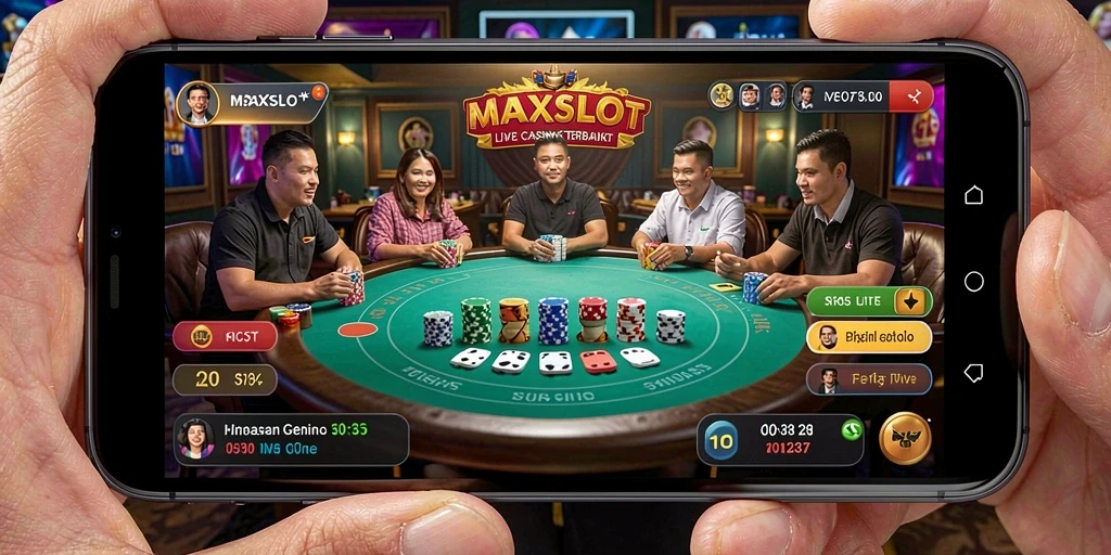 Screenshot gameplay MAXSLOT menampilkan dealer langsung dan suasana kasino.