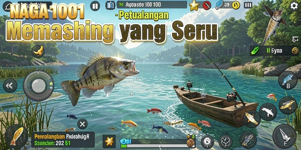Gameplay NAGA1001 saat memancing dengan latar laut yang indah.