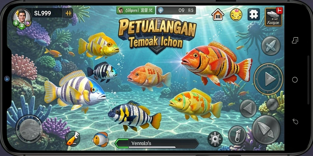 Screenshot gameplay SL999 menangkap ikan dengan senjata beragam.