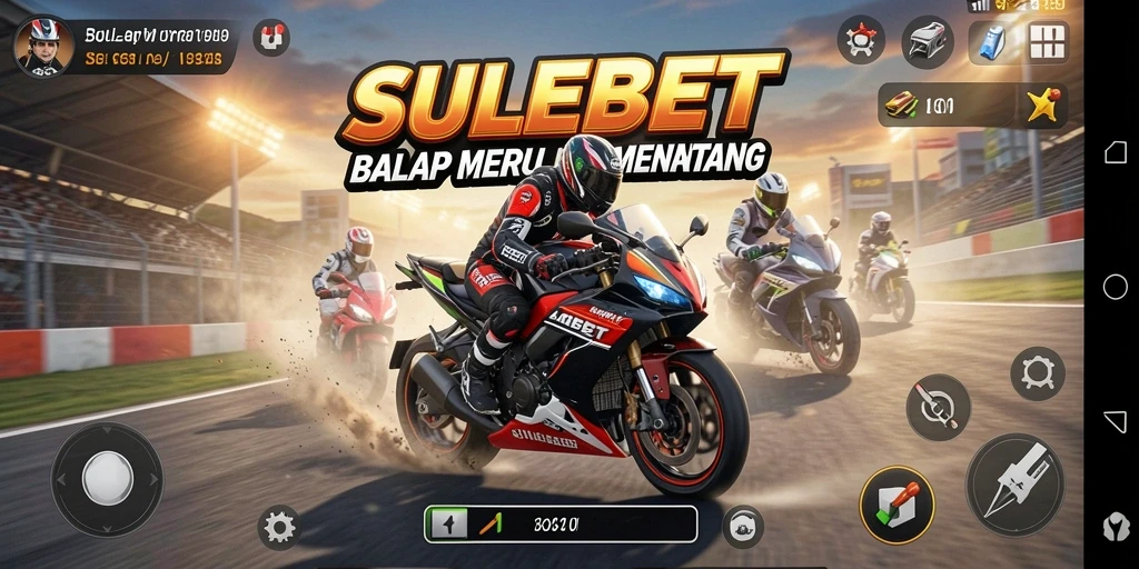 Tangkapan layar gameplay SULEBET yang menampilkan balapan motor yang intens.