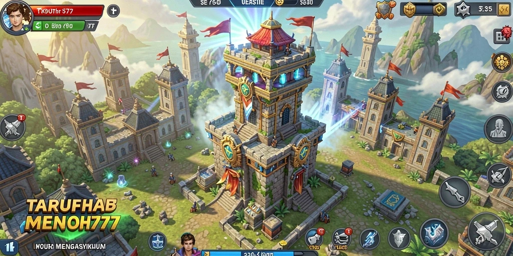 Screenshot gameplay TARUH777 menampilkan aksi pertahanan menara yang intens.