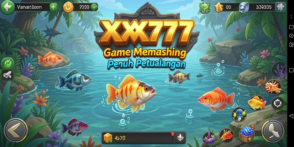 Tampilan gameplay <strong>XXX777</strong> menunjukkan pemain yang sedang memancing di laut yang indah.
